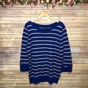 Jones New York Signature Blue Gold Striped Sweater
